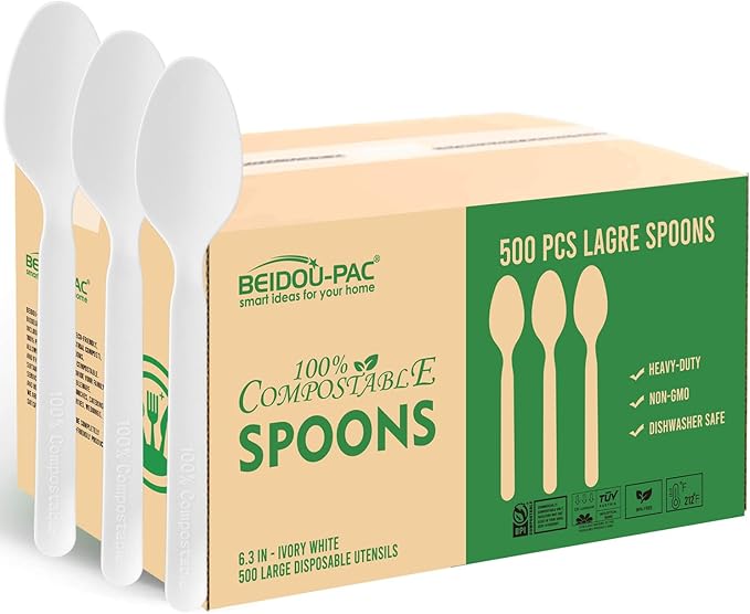Compostable Spoons 500 Count, 7 In Large Disposable Biodegradable Flatware, Eco Friendly Durable Heat Resistant Cutlery Silverware Alternative to Plastic Spoons, BPI Certified