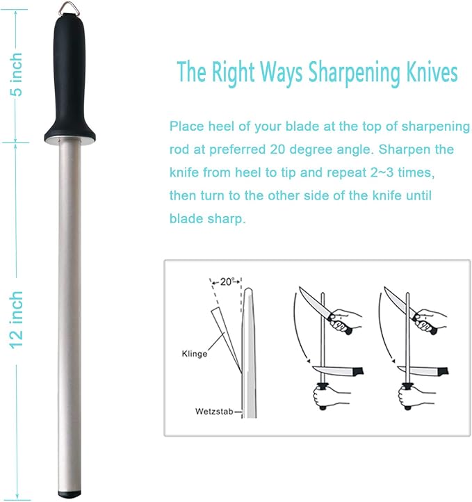 Diamond Sharpening Steel, Kitchen Knife Sharpener, Professional Chef Honing Rod, Oval 600#, 12inch Length , Fits all kinds of Knives, Home Premium