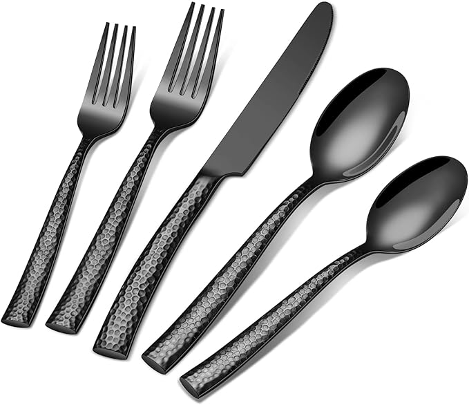 Black Silverware Set, Ollex 60-Piece Heavy Duty Hammered Flatware Set for 12, Food-Grade Stainless Steel Knives Forks and Spoons Utensil Set, Mirror Cutlery Set for Home Restaurant, Dishwasher safe