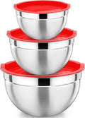 P&P CHEF Red Mixing Bowls with Lids, Set of 3, Stainless Steel Salad Nesting Bowl for Mixing, Storing, Prepping, Airtight & Stackable, Size 4.6/3 /1.5 QT