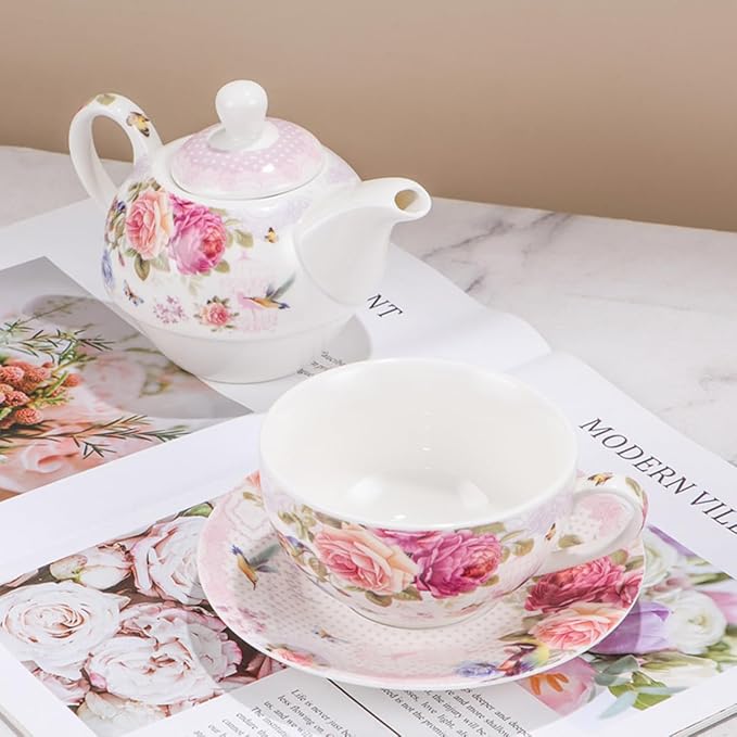 ONEUSTAR Tea for One Set Ceramic Floral Teapot and Cup Saucer Set for Women Mother's Day Birthday Gift in Reusable Handmade Gift Box, Pink