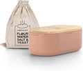 LARS NYSØM Bread Box I Metal Box with linen bag for long lasting freshness I Bread Bin with bamboo lid usable as cutting board I 14.2x7.5x5.1 In (Blush Rose)