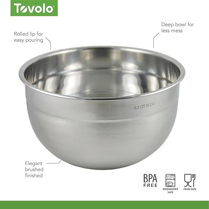 Tovolo Stainless Steel Mixing Bowls, 5.5 Qt - Metal Nesting Mixing Bowl with Rounded Lip for Easy Pour & Minimal Mess - Large & Small Dishwasher Safe Kitchen Supplies for Prep & Cooking