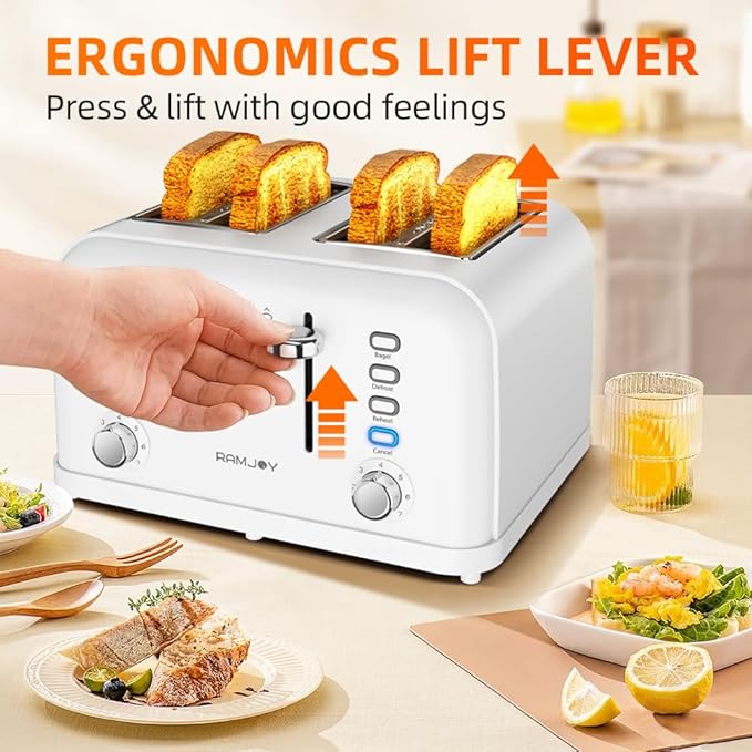 White Toaster 4 Slice, Dual Independent Controls, Extra Wide Slot Toasters for Bagel, Bread, Waffles, 7 Shade Settings, 4 Main Functions, Removable Crumb Tray, 1500 Watts, White Stainless Steel