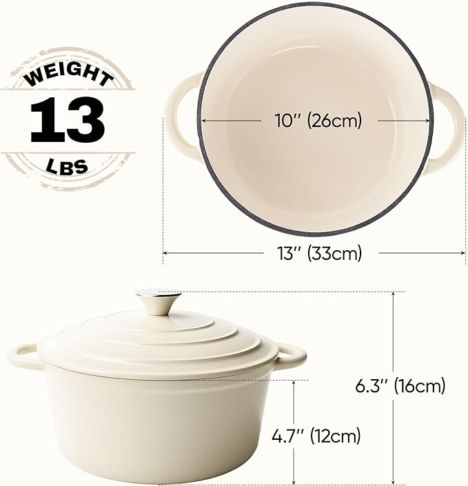 6 Quart Dutch Oven Pot with Lid, Non Stick Enameled Cast Iron Dutch Oven for Bread Baking, Heavy-Duty, Oven Safe Ceramic Cookware Up to 500°F for Baking, Braising, Stews, Roasting, Beige