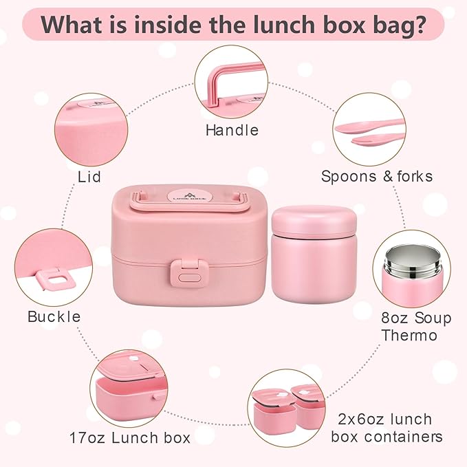 Bento Lunch Box for Kids with 8oz Soup Thermo,2 Leak-Proof Food Containers, a Lunch Bag, Kids Thermo Insulated Hot Food Jar for School, Travel-Pink