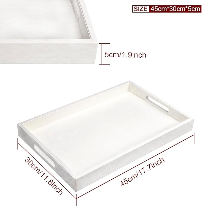 18 * 12 inches Leather Rectangle Serving Tray with Hole Handles,High-End Light Large Service Tray for Ottoman Tray, Tea, Food, Butler - Countertop, Kitchen,Family Dinner, Picnic(White)
