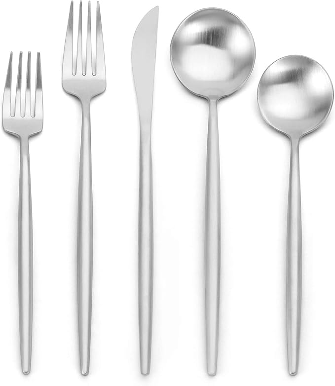 Matte Silverware Set, Oliviola 60-Piece Stainless Steel Flatware Cutlery Set Service for 12, Satin Finish Kitchen Utensil Set, Dishwasher Safe
