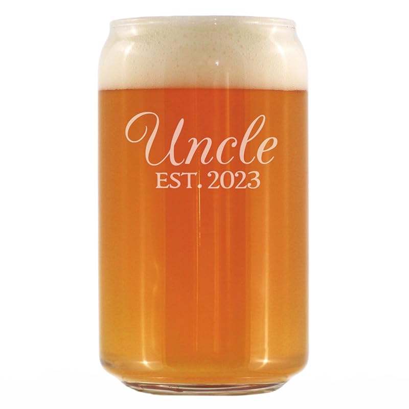 Bevvee Uncle Est 2023 - Beer Can Pint Glass Gift for First Time Uncles - Decorative 16 Oz Glasses