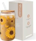 SANDJEST Sunflower Gifts for Women - Sunflower Cup 16 Oz Can Glass Coffee Cups with Bamboo Lid and Straw - Gift for Birthday