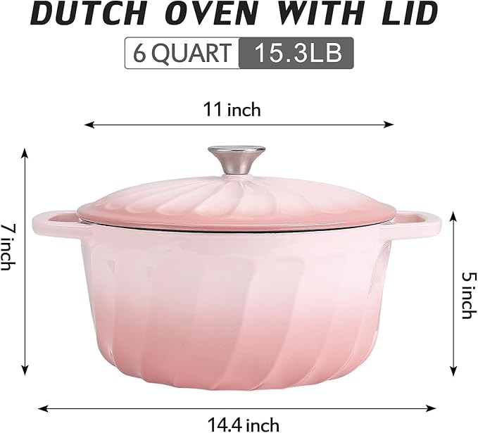 Enameled Cast Iron Dutch Oven with Lid, 6 QT Dutch Oven Pot for Bread Baking, Heavy Duty Cast Iron Pot for Braising, Cook, Bake, Refrigerate Safe across All Cooktops (Gradient Pink,6 QT)