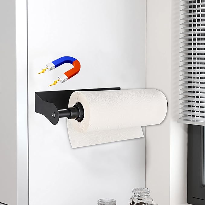 MONEER Magnetic Paper Towel Holder for Frige, One-Hand Operable Paper Towel Holder, Self-Adhesive, No Drill Magnet Paper Towel Holder for Kitchen, Refrigerator, RV, Garage (Black)