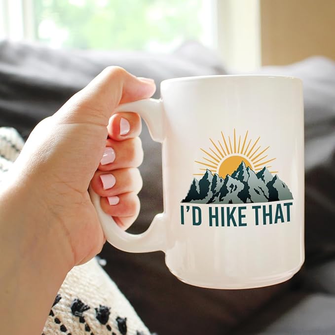 Bevvee I'd Hike That Coffee Mug - Fun Hiking Themed Decor and Gifts for Hikers - Large 15oz White Ceramic Mug