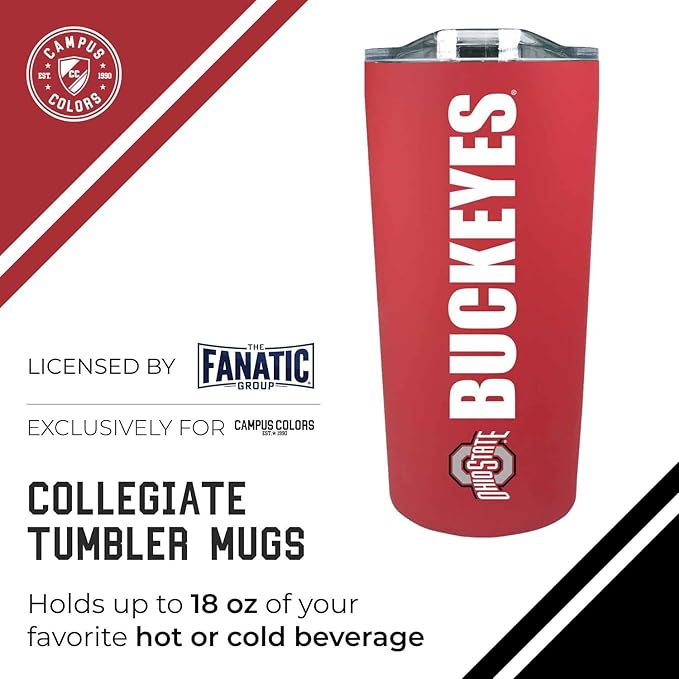 Campus Colors NCAA Stainless Steel Tumbler perfect for Gameday - 18 oz - Double Walled - Keeps Drinks Perfectly Insulated (Ohio State Buckeyes - Red)
