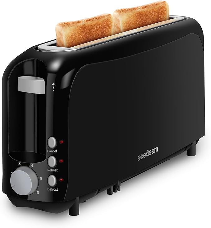 SEEDEEM 2 Slice Slim Toaster, Single 10" Long Slot Toaster Fits Bagels & Artisan Bread, 6 Shade Settings, Cancel/Reheat/Defrost, Removable Crumb Tray, Auto Shut-Off, Black