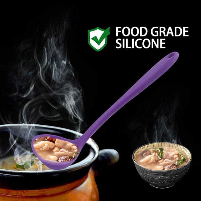 uxcell Silicone Soup Ladle Spoon 8.5 Inch Heat Resistant to 450°F One Piece Design Restaurant Kitchen Cooking Utensil for Serving Soup Purple