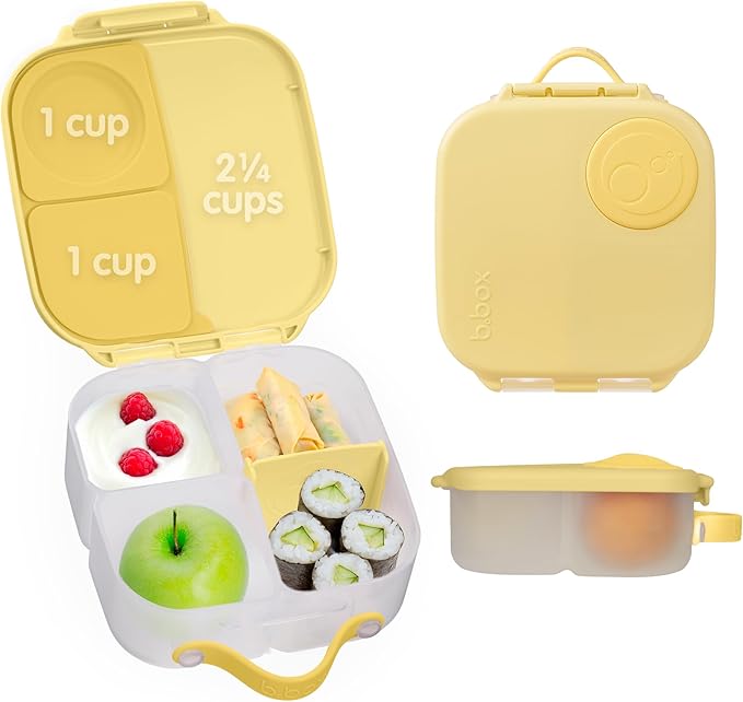 b.box Mini Lunch Box, Bento Box for Kids, Snack Container with 2 Leak Proof Compartments, Reusable Snack Containers with Lids, Kids Lunch Boxes Ages 3+, BPA Free, 4 1/4 Cup Capacity (Lemon Twist)