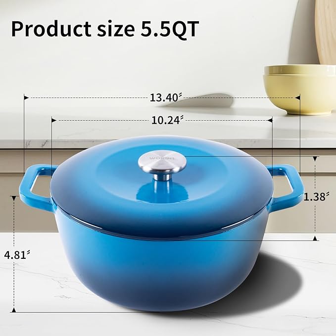 Enamel Cast Iron Dutch Oven with Lid,Dual Handles,Heavy-Duty Cookware for Sourdough Bread Baking,Braising,Stews,Roasting,Oven Safe up to 500° F,5.5QT,blue