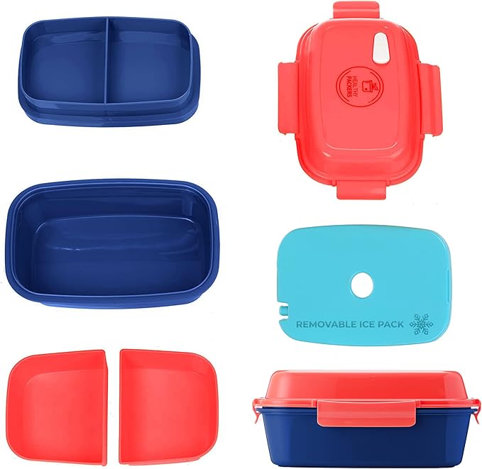 Ultimate Bento Box - Lunch Box for Kids & Adults with Removable Ice Pack - Leakproof, Multi-Compartment Food Container with Removable Containers - Microwave & Dishwasher Safe (Red, Blue, Red)