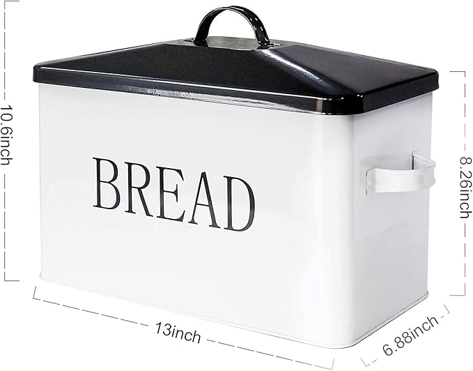 SOTECH Metal Bread Box with Lid for Kitchen Countertop Large Bread Bin kitchen Bread Food Snacks Storage Container Farmhouse BreadBox Grey Lid White Body with Side Handles