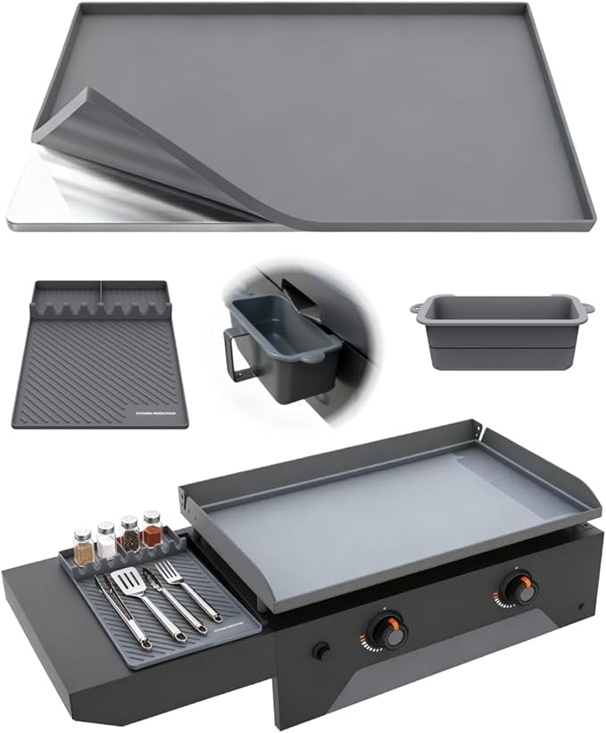 KITCHEN PERFECTION Ultimate Kit for Blackstone Griddle 28 Inch - Silicone Griddle Cover Mat + Griddle Accessories Mat + 2 PCS Silicone Grease Cup Liners Hermetic Protection from Rust & Debris All Year