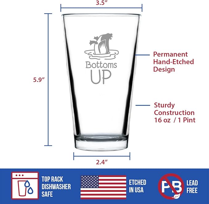 Bottoms Up - Pint Glass for Beer - Funny Duck Themed Gifts - Lake House Decor for Women and Men - 16 Oz Glasses