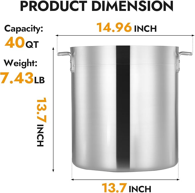 CURTA 40 Quarts Aluminum Stock Pot with Lid, Heavy Duty Commercial Grade Large Capacity Cooking Pot for Boiling, Stewing, Great for Kitchen, Restaurant, Catering, and Home Use,NSF certified