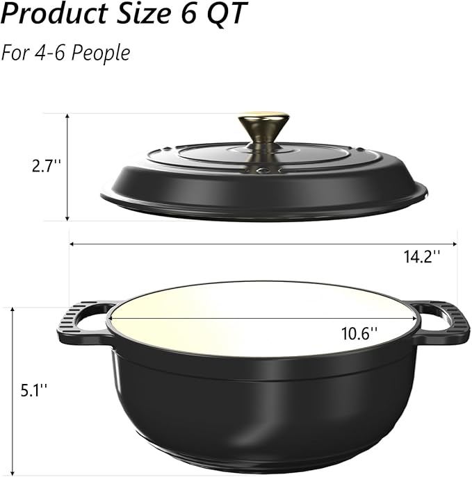 VINGLI 6QT Enameled Cast Iron Round Dutch Oven Pot with Lid, NonStick Casserole Pot with Dual Handles & Silicone GlovesRed, Oven Safe up to 500°F or on Stovetop, Dutch Oven for Bread Baking, Black