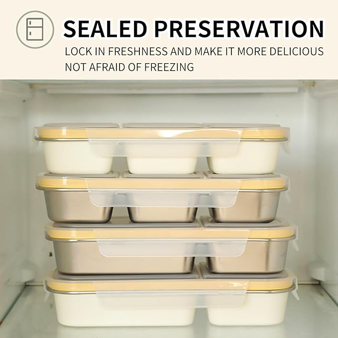 Bento Box Adult Lunch Box with 3 Grids 700ml, Portion Control Food Storage Containers for Healthy Eating Weight Loss, Travel, Work (2pcs)