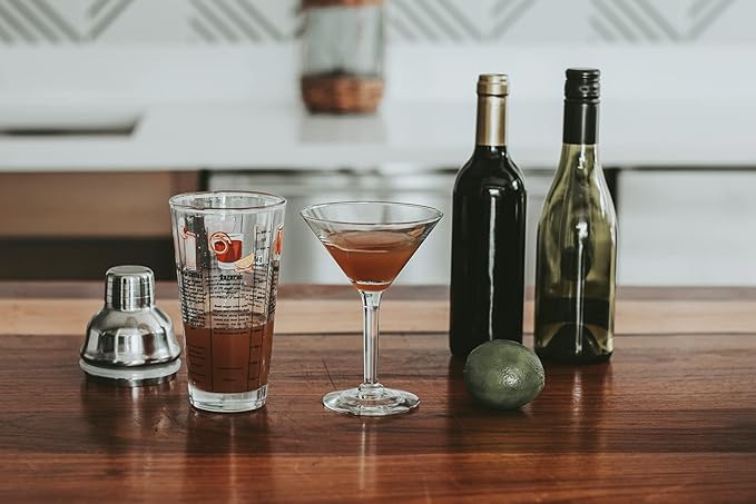 14 oz Recipe Glass Cocktail Shaker With Strainer Top - Includes 6 Cocktail Drink Recipes (Whiskey Theme)