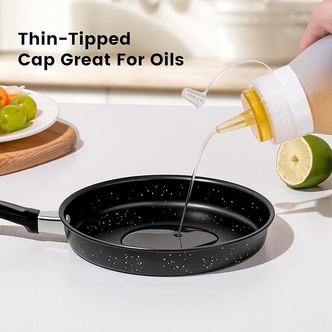 Condiment Squeeze Bottles, 12 oz Silicone Squeeze Bottles For Sauces, Leak Proof Condiment Containers with Extra Interchangeable lid, Easy Squeeze for Oil, Honey & Dressings, BPA FREE (4 Pack)