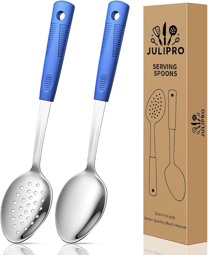 Stainless Steel Serving Spoons Set With Non-Slip Silicone Handles, 2-Piece Large Serving Spoon Slotted Metal Spoon for Cooking & Serving-Blue
