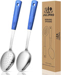 Stainless Steel Serving Spoons Set With Non-Slip Silicone Handles, 2-Piece Large Serving Spoon Slotted Metal Spoon for Cooking & Serving-Blue