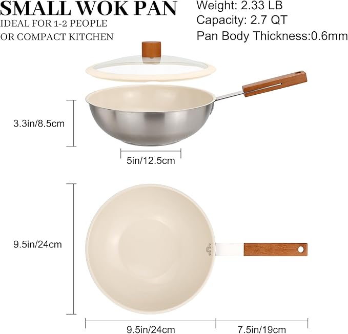 MARSKITOP Stainless Steel Wok Pan, Ceramic Nonstick Stir Fry Pan with Lid and Wooden Handle, 9.5 Inch Induction Wok, PFAS Free