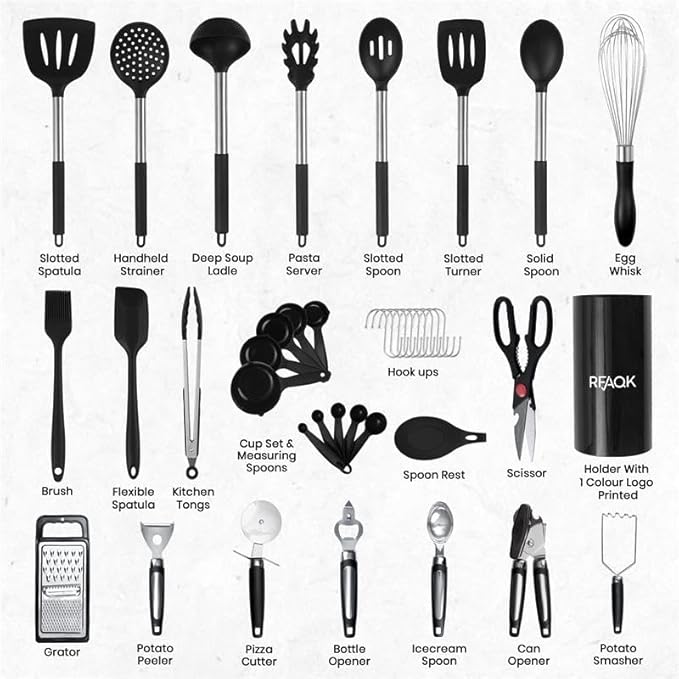 40PCs Silicone Cooking Utensils Set 446℉ Heat Resistance, RFAQK BPA Free Kitchen Utensils Set for Nonstick Cookware, Gadgets includes Can Opener, Potato Smasher,Peeler,Tongs,Spatula Set,Pizza Cutter