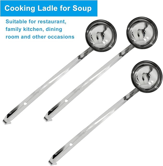 Piutouyar 3 Pcs 6 oz Soup Ladle Set, Stainless Steel Ladle with Long Hooked Handles Kitchen Cooking Serving Ladle Accessories for Cooking Soup Sauce Stews