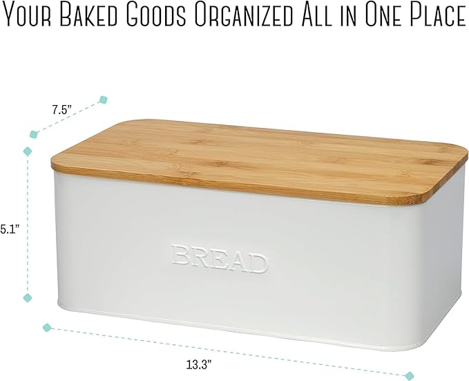 OUTSHINE White Bread Box for Kitchen Countertop, Small Storage Container with Bamboo Lid, Modern Kitchen Organizer for Sourdough, Buns, and Loaves, Bread Storage with Cutting Board Lid