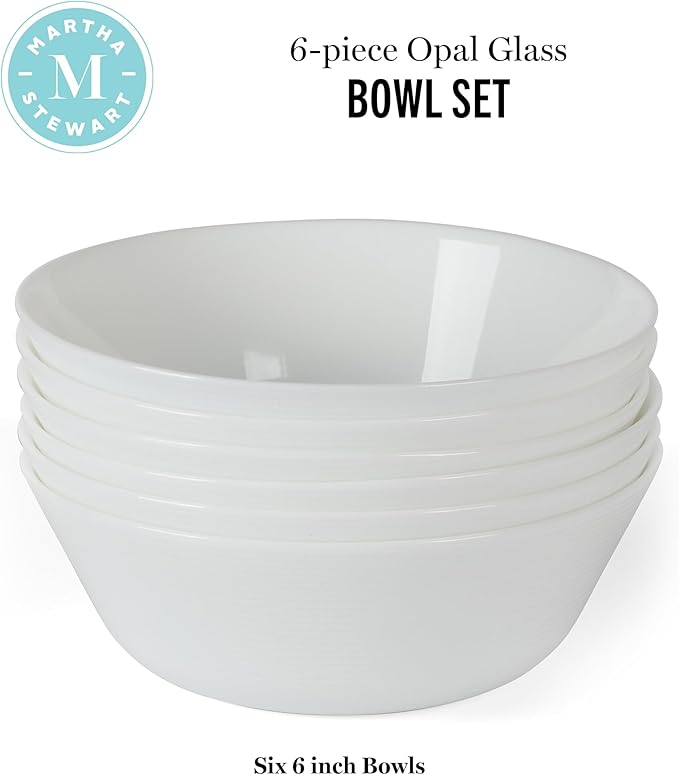 Martha Stewart Opalton 6-Piece 6-Inch Soup and Cereal Bowls – Lightweight, Chip and Break Resistant Opal Glass Bowls for Everyday Use