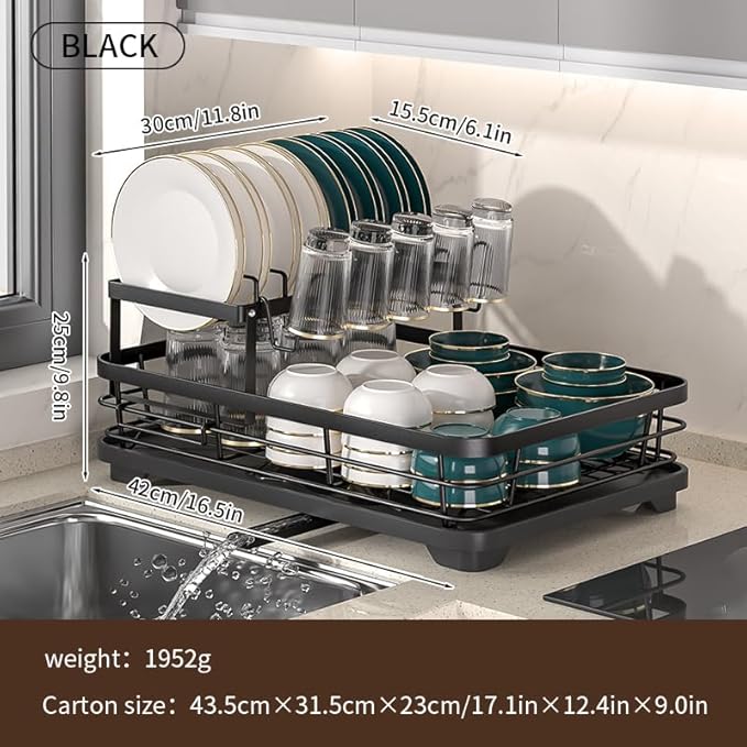 2-Tier Large Dish Drying Rack, Black Kitchen Counter Organizer with Detachable Design, Utensil Holder, Drainer for Plates, Bowls and Glassware