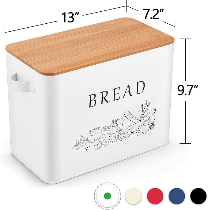 P&P CHEF Bread Box for Kitchen Counter, Metal Bread Storage Bin with Wooden Cutting Lid, Large Capacity for Holding 2+ Loaves, Retro Modern Style, Size 13” x 7.2” x 9.7”, White