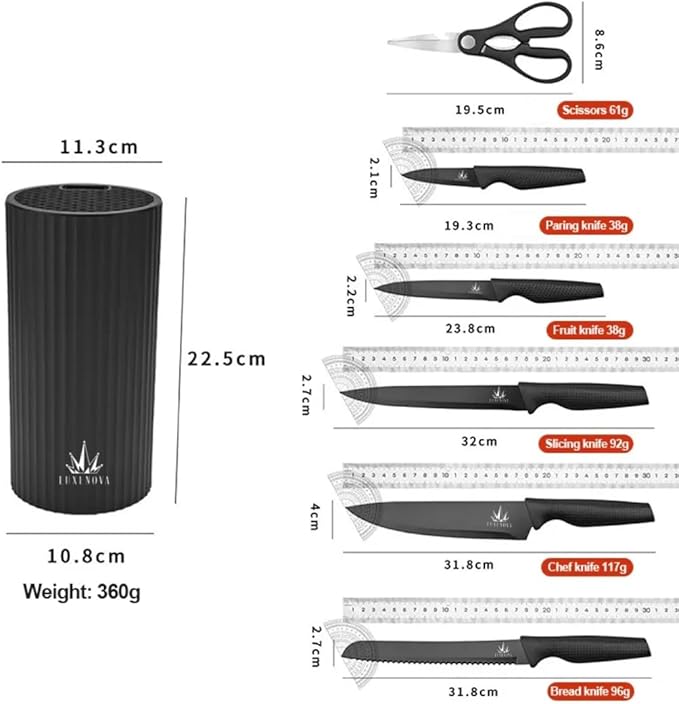 7-Piece Kitchen Knife Set – Ultra Sharp Stainless Steel Knives with Universal Block, 5-Piece Chef Knife Set, Kitchen Scissors – Non-Slip Black Handles, Modern Countertop Set
