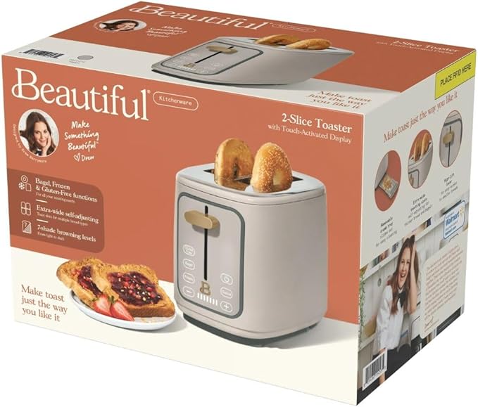 Beautiful by Drew Barrymore 2-Slice Toaster, Touch-Activated Display, 7 Shade Settings, Bagel/Frozen/Reheat Presets. (Porcini Taupe)