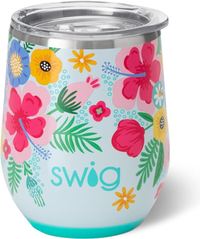 Swig Life 12oz Wine Tumbler with Lid, Stainless Steel, Dishwasher Safe, Portable, Triple Insulated Wine Tumbler (Island Bloom)