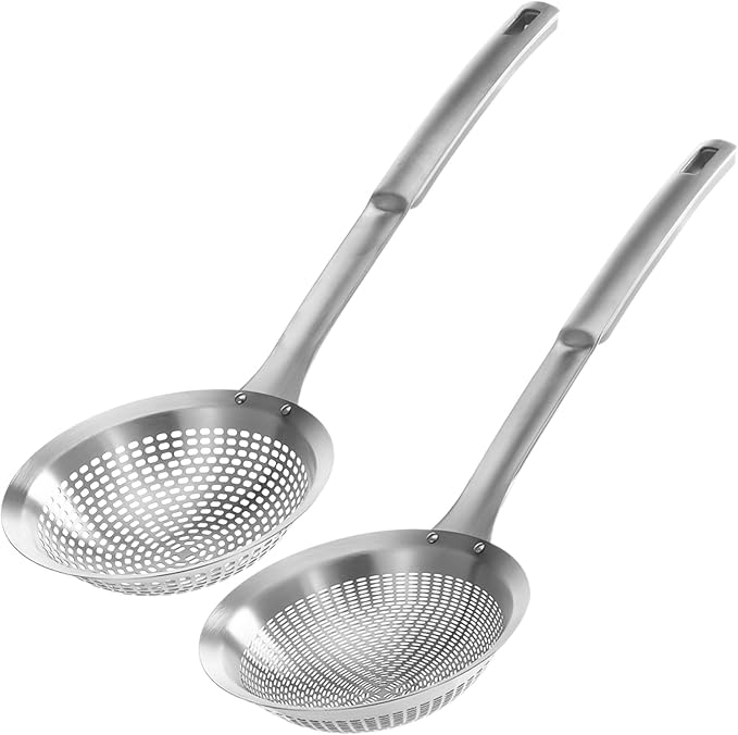 2 Pcs 304 Stainless Steel Skimmer Spoon Set, 5.51 in Large Small Hole Ladle, Long Nylon Handle Strainer Colander for Frying, Hot Pot, Noodle, 14.37 x 5.51 x 1.54 in