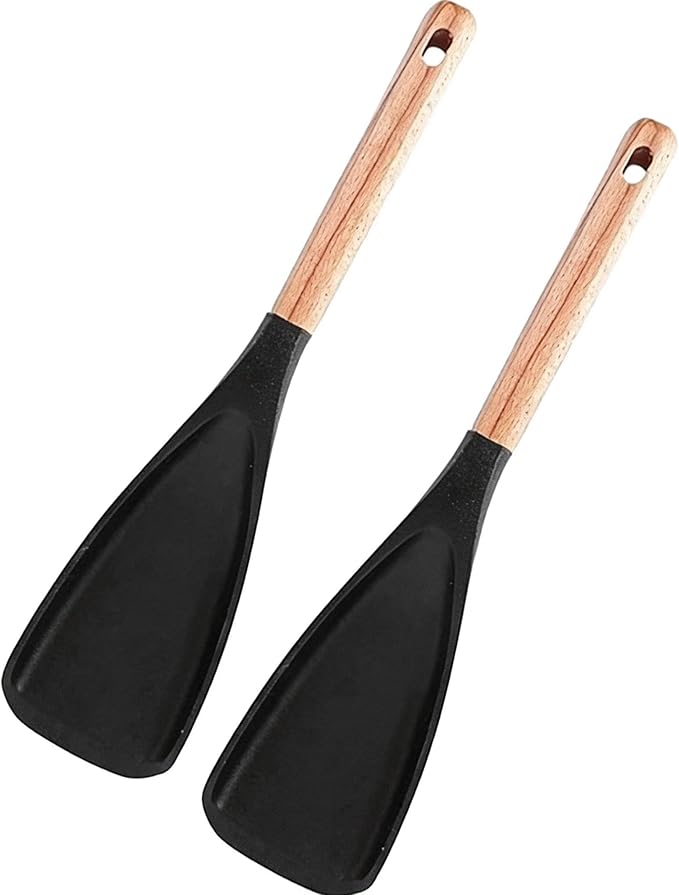 Cedarwood and ash wood spatula, multi-purpose cooking spoon with heat-resistant silicone, wooden handle, suitable for non-stick cookware, ergonomic grip (2-piece set, black)
