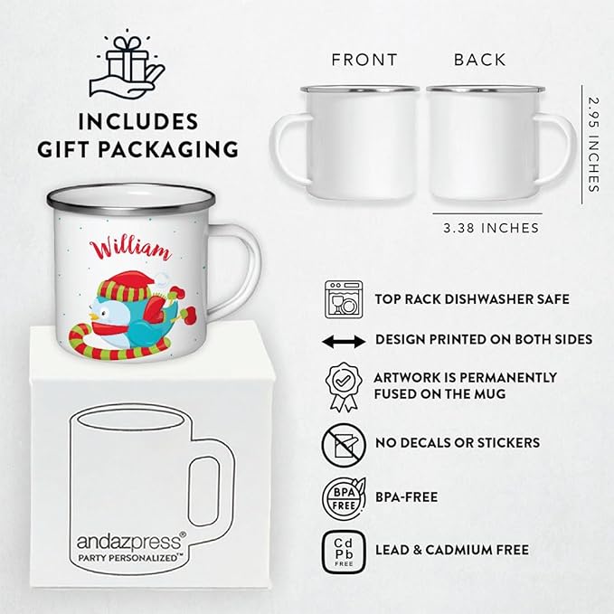 Andaz Press Personalized Name 11oz. Kids Christmas Hot Chocolate Stainless Steel Campfire Coffee Mug, Festive Blue Owl Candycane, 1-Pack, Custom Child’s Birthday Xmas Cup