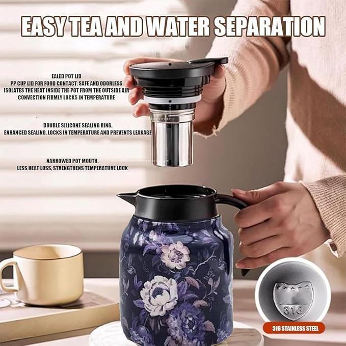 Vintage Floral Pattern Teapot – Built-In Infuser, 800ML/1000ML Heatproof Stainless Steel Teapot with Lid for Hot Drinks (Pink, 1000ml-Wooden handle)