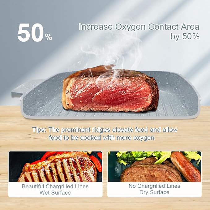 Nonstick Ceramic Griddle Pan with Lid, 10 Inch Steak Pan with Detachable Handle Induction Compatible, PFOA Free - Blue