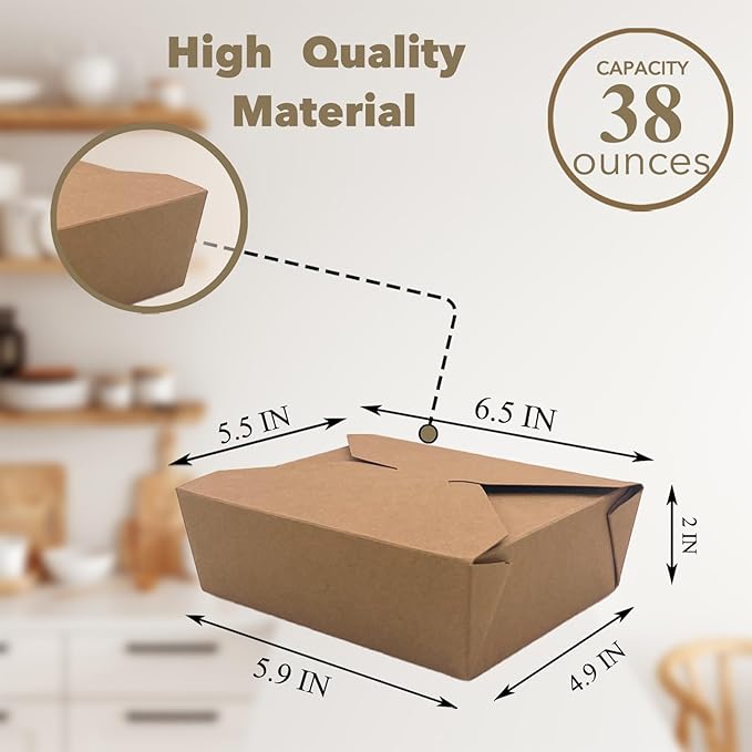 38Oz 50Pcs Disposable Take Out Food Containers Brown Food Boxes To Go Kraft Paper Takeout Box Microwaveble (38OZ-50PACK)