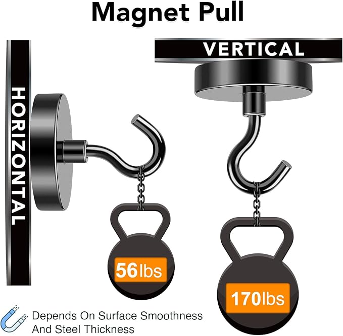 MIKEDE Magnetic Hooks, 170LB Super Strong Magnet Hooks Heavy Duty for Cruise Essentials, Black Neodymium Earth Magnets with Hook for Hanging, Magnetic Metal Hanger for Fridge, Toolbox - 4 Pack